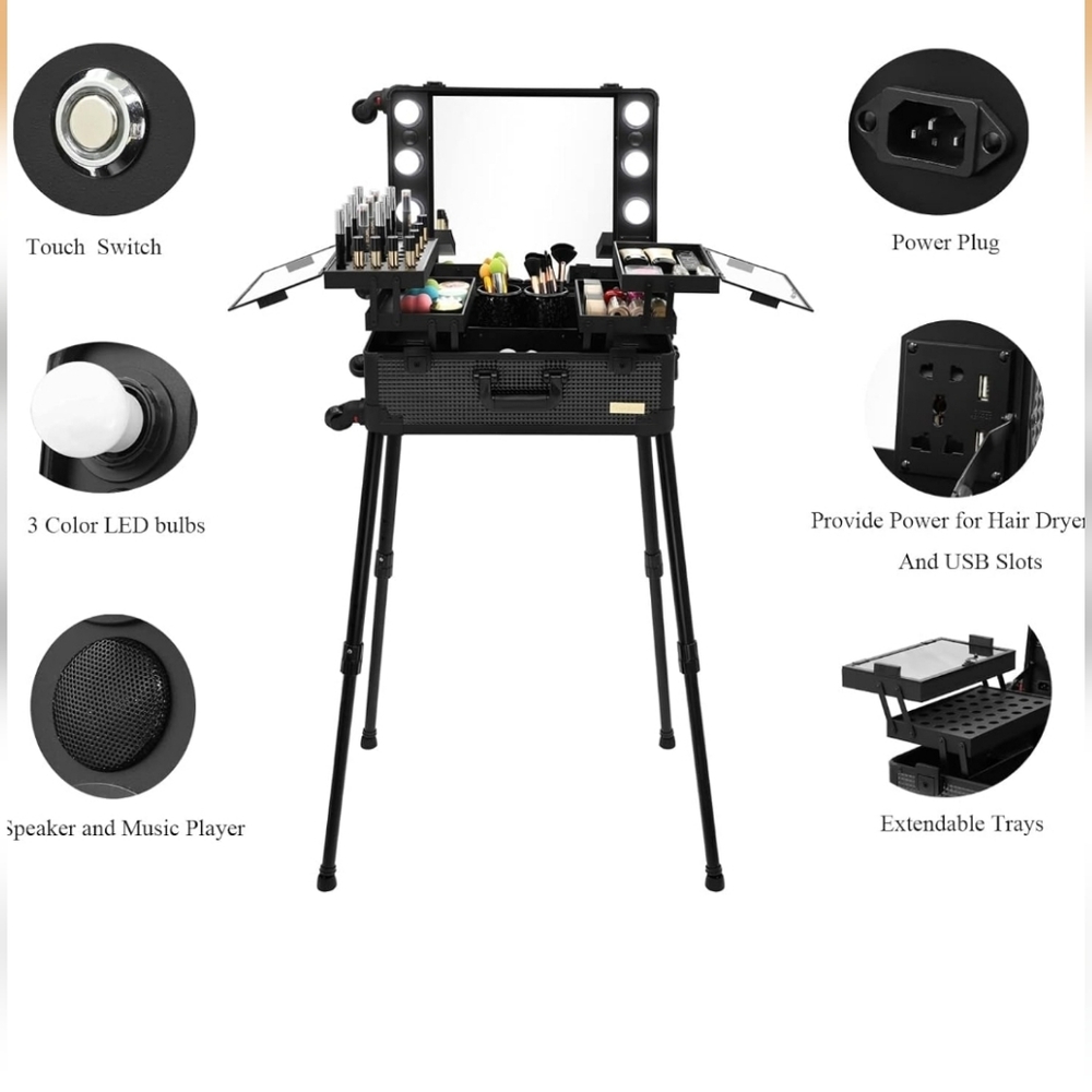 Portable Luggage Rolling Vanity Black Makeup Trolley W/ Mirror & Lights (NWOT)✨️ - Picture 3 of 5